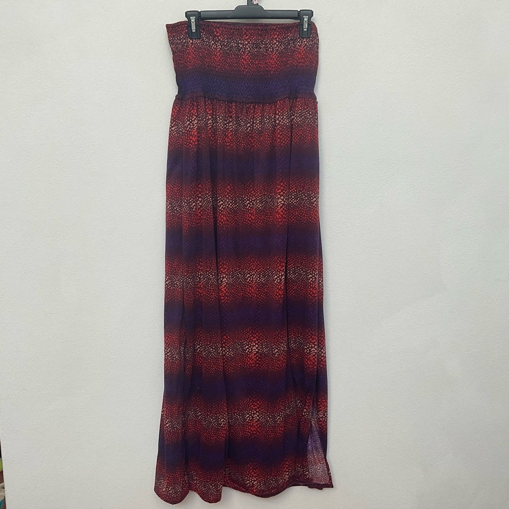 Fire Red, Purple Striped Smocked Bodice Strapless Maxi Dress Size Med Leg Slits